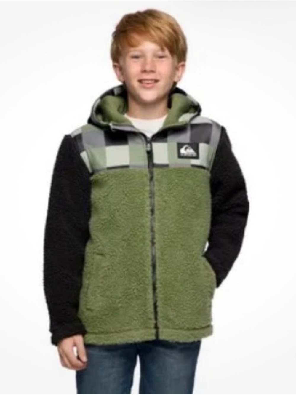 Quiksilver Olive Green and Black Sherpa Zip Hoodie with Checker Accent